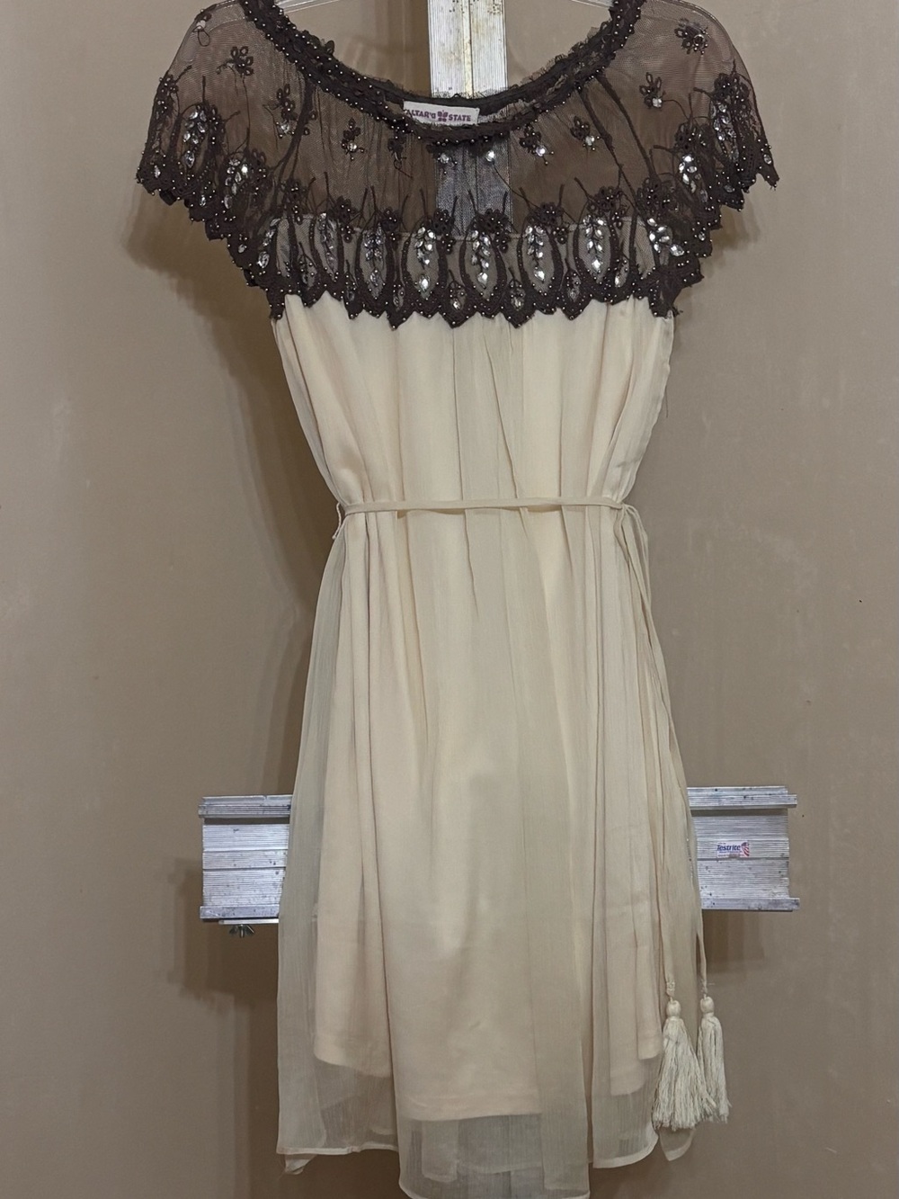 Altar'd State Cream Mini Dress with Brown Beaded Yoke Sz Small